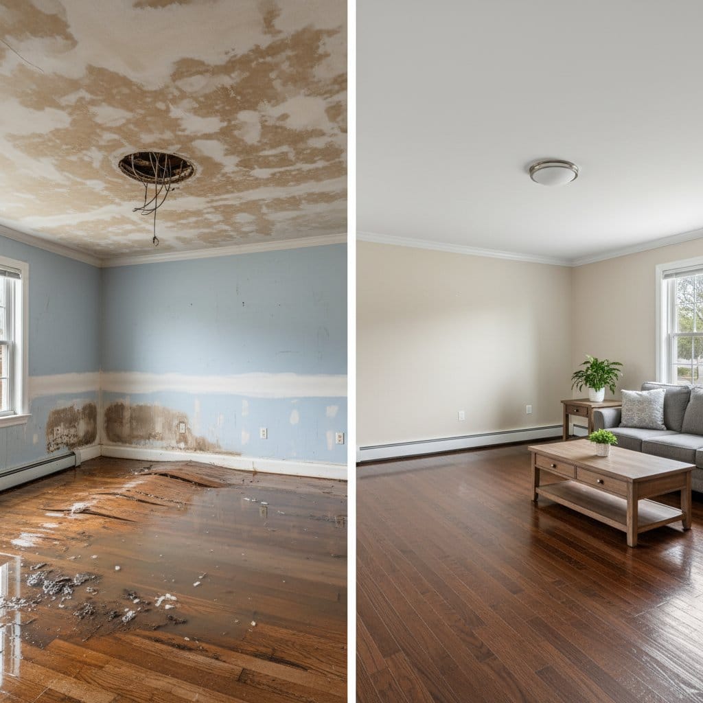 Emergency Water Removal before and after in living room, Hackensack NJ