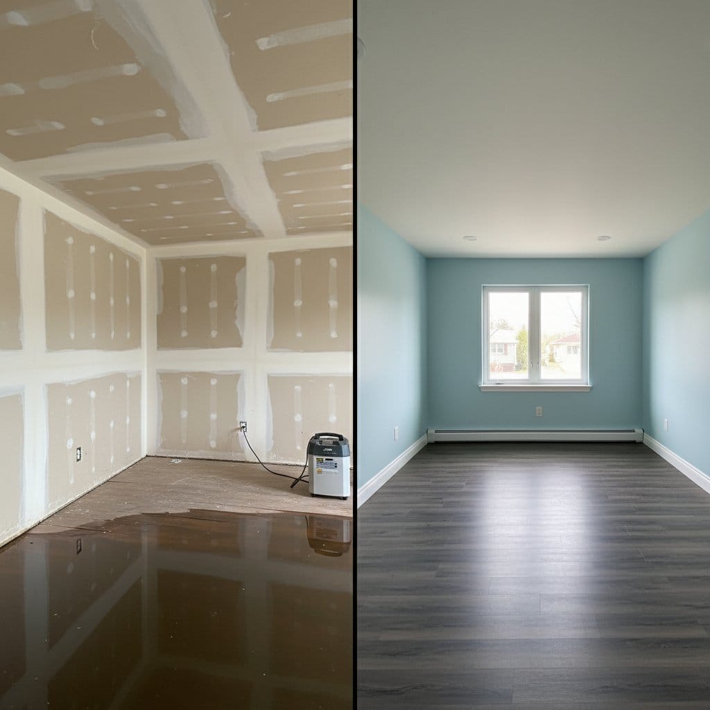 Before and after emergency water removal in Hackensack two-story residence bedroom