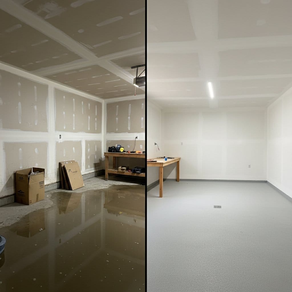 Basement Flood Cleanup before and after in garage, Hackensack NJ