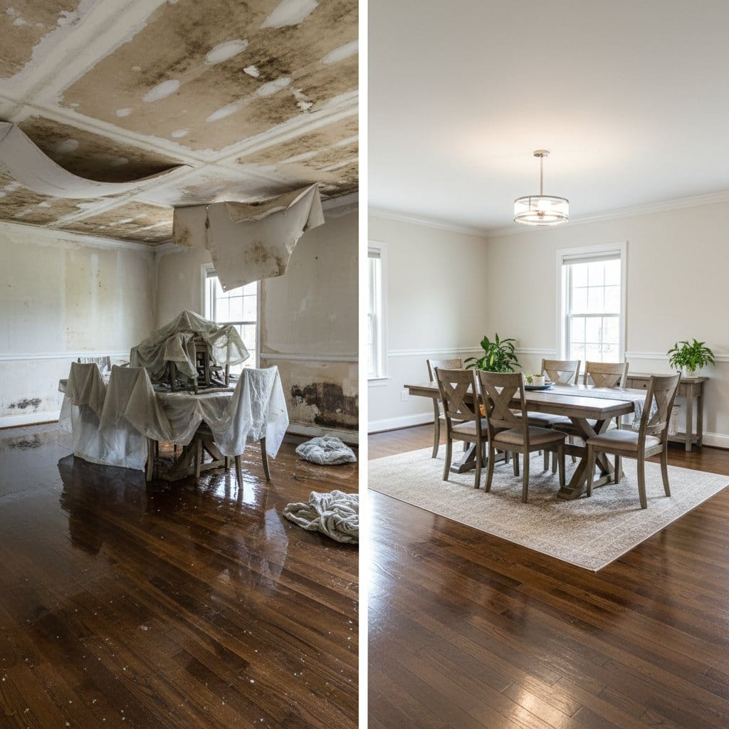 Before and after burst pipe & plumbing leak damage in Hackensack bungalow dining room