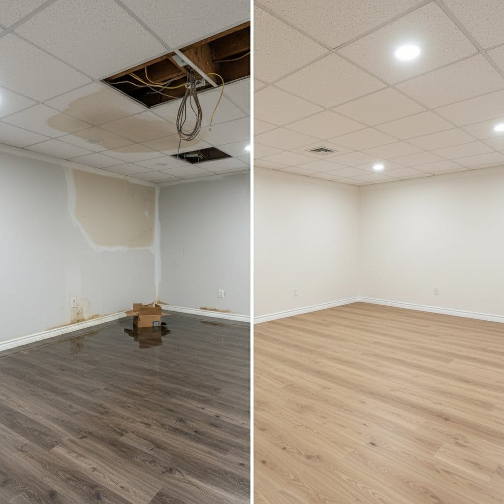 Storm & Roof Leak Water Damage before and after in finished basement, Hackensack NJ
