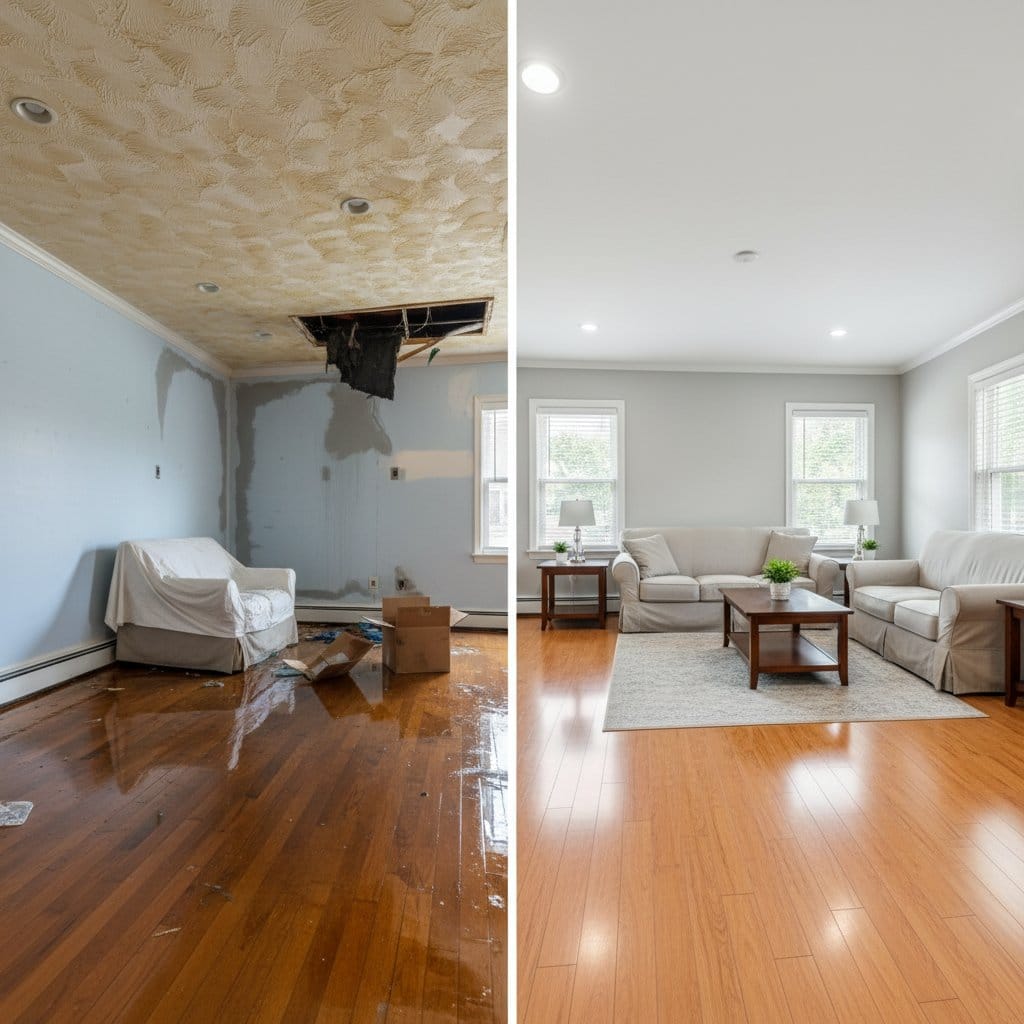 Structural Drying & Dehumidification before and after in living room, Hackensack NJ