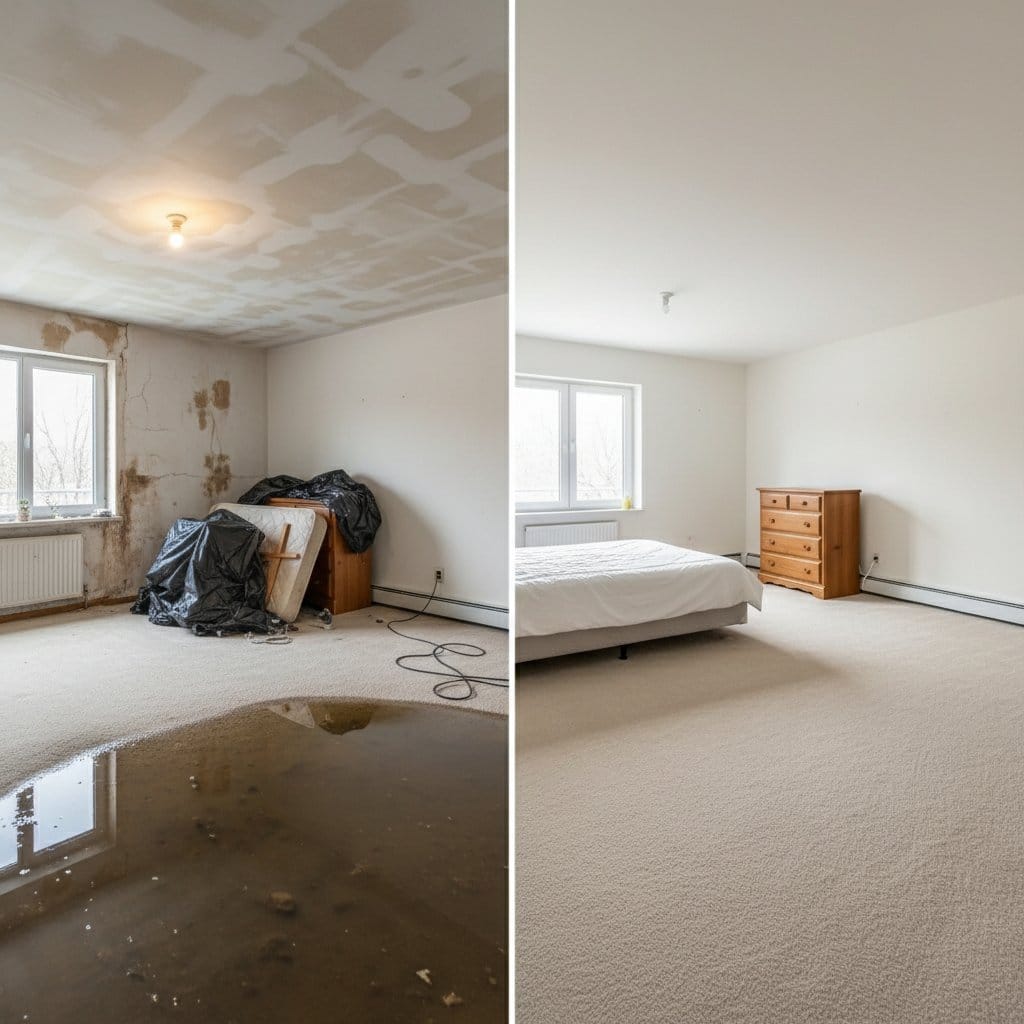 Before and after structural drying & dehumidification in Hackensack bi-level home bedroom