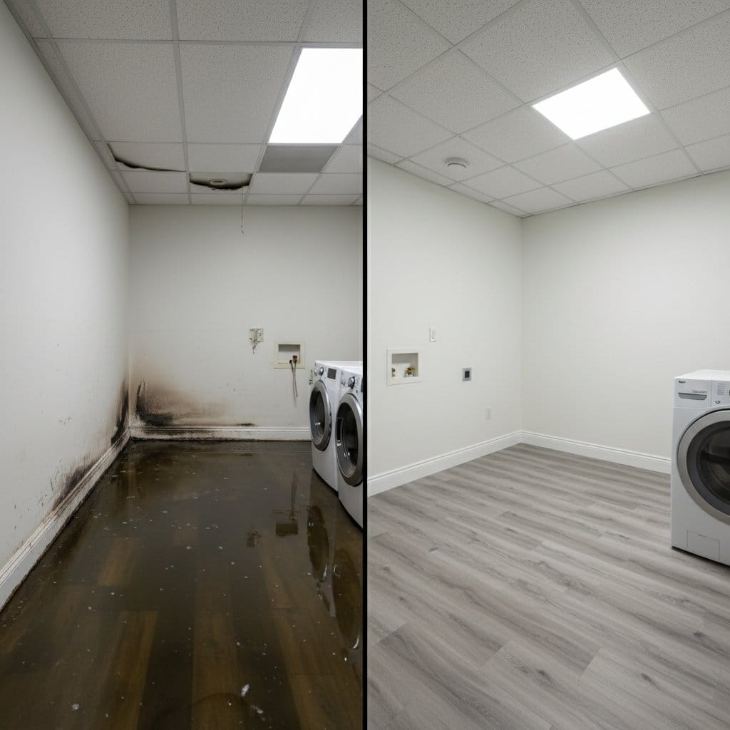 Wall & Ceiling Dry-Out restoration — laundry room of Cape Cod house in Hackensack, NJ
