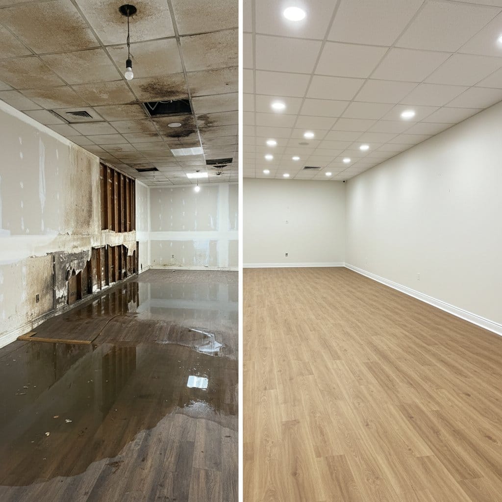 Before and after content drying & property cleanup in Hackensack townhouse storefront interior