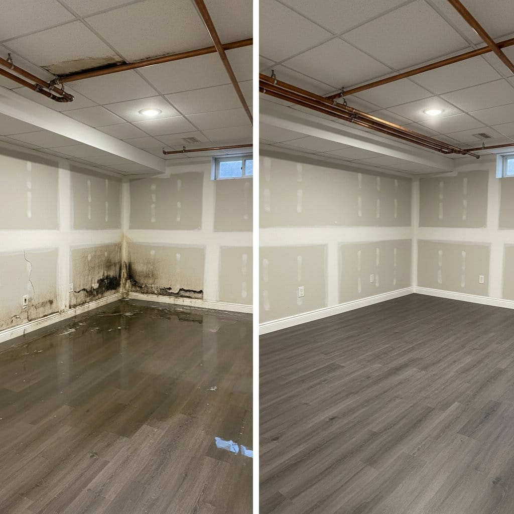 Mold Prevention After Water Damage before and after in residential basement, Hackensack NJ