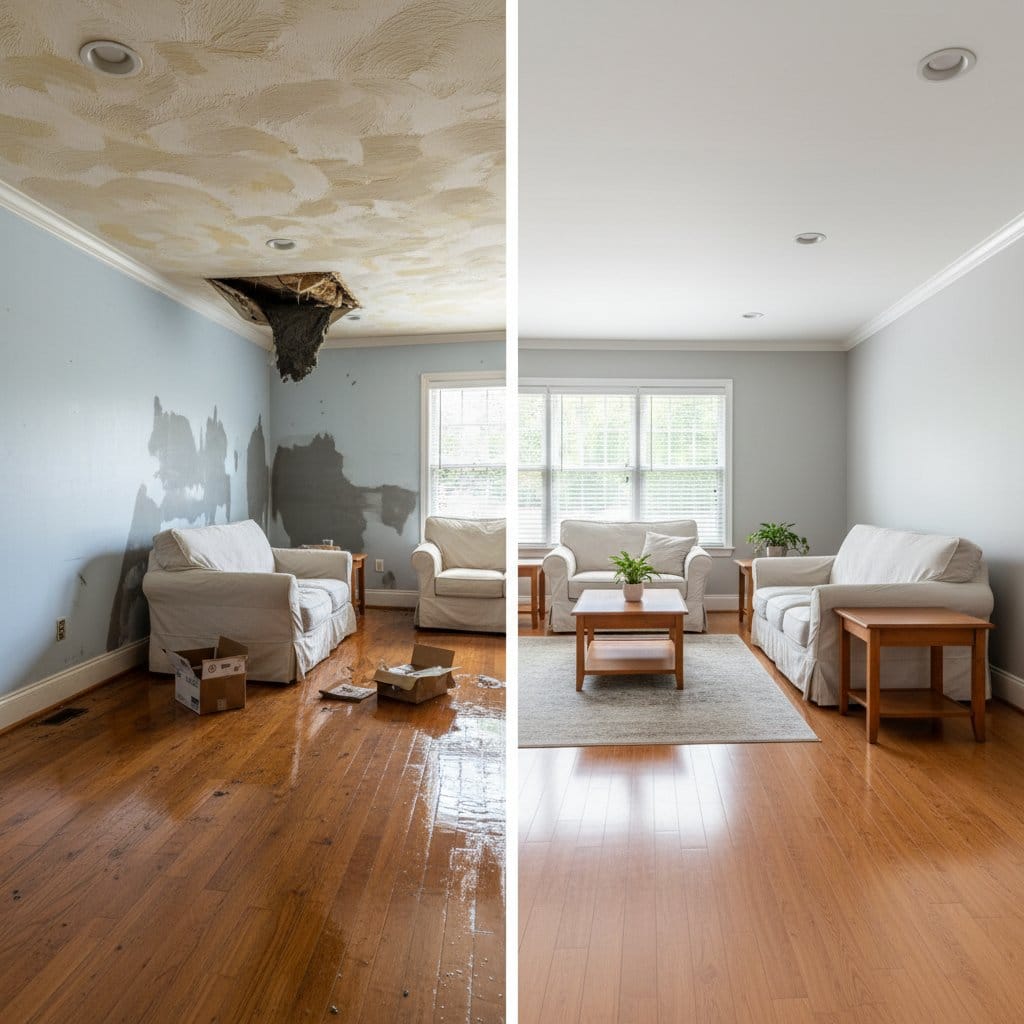 Hackensack Water Damage Restoration living room restoration before and after in Hackensack