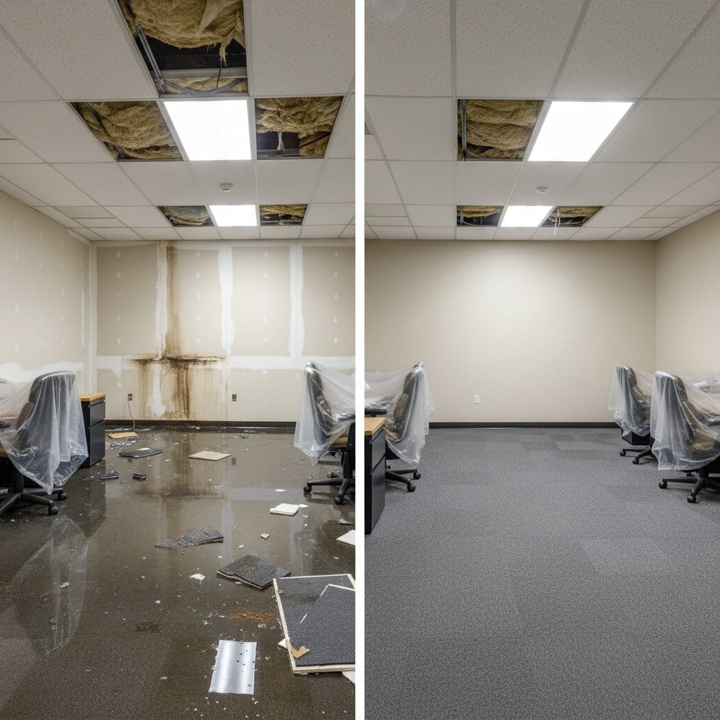 Hackensack Water Damage Restoration commercial office space restoration before and after in Hackensack